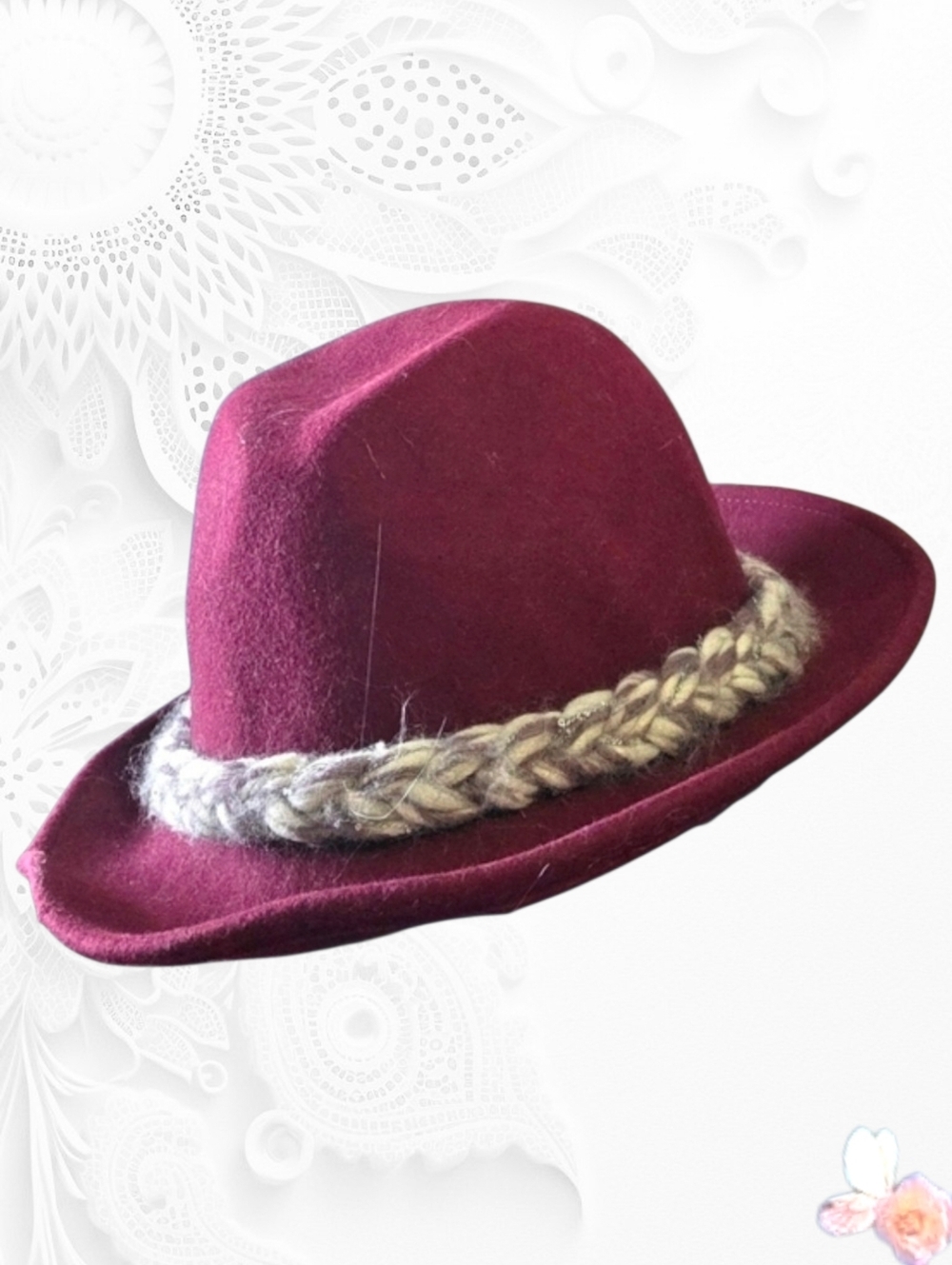 Vintage Burgundy Wool Fedora Hat Braided Band Silver Yarn Trim M/L